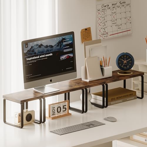 2 Sets Wooden Desktop Organizer Shelf, 2-Tier Adjustable Freestanding Bookshelf Desk Shelf, Stackable Desk Organizer for Office, Dorm, Bedroom, Space Saving, Easy Assembly, Rustic Brown (2 Pack) - size: 2 Pack