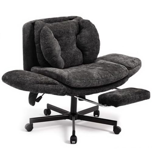 Criss Cross Office Chair with Footrest and 5-Gear Adjustable Arms, Black | Wide seat cross-legged desk chair, flip lumbar pillow, airbag support, chenille fabric, for home office vanity and meditation - color: Black-chenille