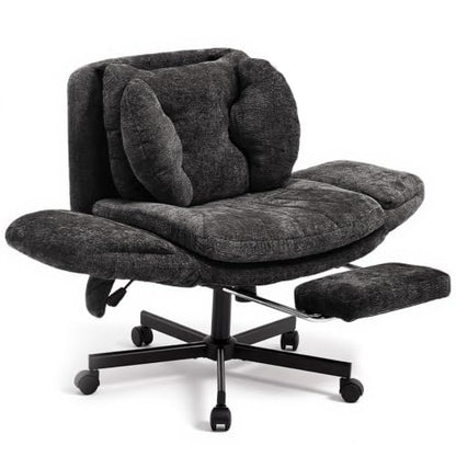 Criss Cross Office Chair with Footrest and 5-Gear Adjustable Arms, Black | Wide seat cross-legged desk chair, flip lumbar pillow, airbag support, chenille fabric, for home office vanity and meditation - color: Black-chenille