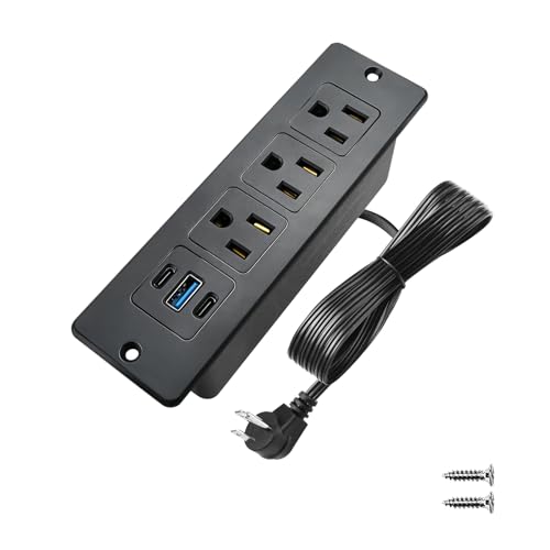 Furniture Recessed Power Strip with USB C 20W & USB A 18W,3 Outlets 3 USB Ports(2 USB C+1 USB A),Flush Mountable Electrical Outlet for Desk Cabinet Nightstand Counter, 6.56ft Flat Plug Cord (Black) - color: Black