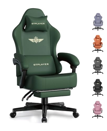 GTPLAYER Gaming Chair with Pocket Spring Cushion, Big and Tall Gamings Chairs 350LBS High Back Computer Chair with Footrest for Adults Lumbar Support Swivel Game Chair for Office, Leather Green - color: Green