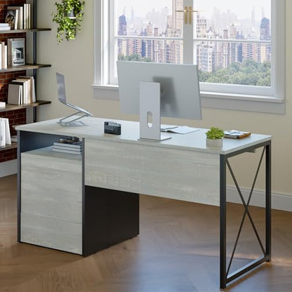 Bestier Office Desk with Drawers, 55 inch Industrial Computer Desk with Storage, Wood Teacher Desk with Keyboard Tray & File Drawer for Home Office, Wash White - color: Wash White