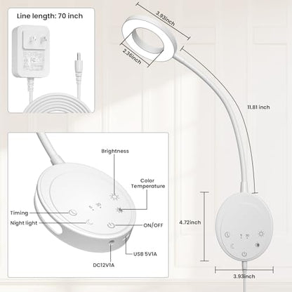 Wall Mounted Reading Light,Bedside Headboard Lights with 5 Color Temperature &5 Dimming,360°Flexible Gooseneck,USB Output, Night Light&Timer Function- Perfect for Reading (White) - color: White