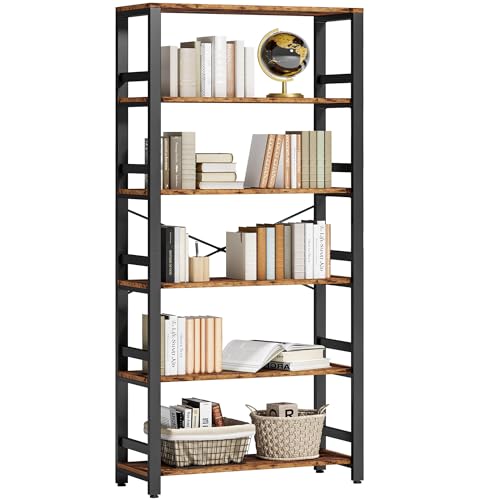 IRONCK Bookshelf, 31.5" Wide 6-Tier Industrial Bookcase, Vintage Brown | 6-tier bookshelf, 110 lb per shelf. P2 MDF, Anti-tip. Vintage Industrial Bookshelves for Living Room Home Office - color: Vintage Brown