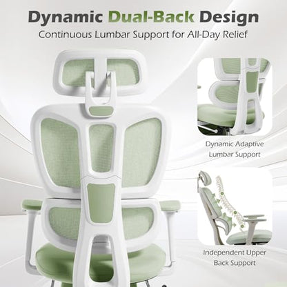 Ergonomic Office Chair with Footrest and Dynamic Lumbar Support, Green | Reclining high-back computer chair, memory foam seat, 2D armrests, 2D headrest, mesh desk chair for home office, long hours - color: Green