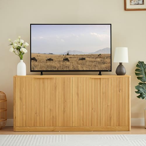 59" Buffet Sideboard Cabinet with Storage, Modern Fluted Accent Credenza with Shelves, Wood TV Console Stand 4 Doors, Sideboards for Office Living Room Hallway Kitchen, Natural - color: Natural-59.0"l 4 Doors