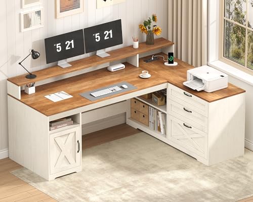 YOMILUVE Farmhouse L Shaped Desk with Drawers, 61" Home Office Desk with Storage Cabinet and Power Outlet, L Shaped Computer Desk with Storage Shelves and Monitor Stand, Brown and White - color: Brown and White