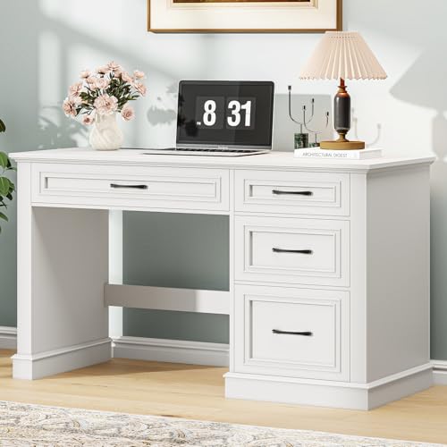 Farmhouse 47" Executive Desk, Computer Desk with Drawers and File Drawer, Workstation Computer Desk with Charging Station for Home Office,Study,（Cream White） - color: Cream White, size: With Charging Station