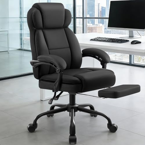 Ergonomic Office Chair with Footrest,PU Leather Executive Desk Chair Padded Linkage Armrests,Lumbar Support,Swivel Computer Chair for Home Office & Gaming,Black - color: Black