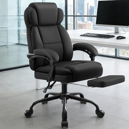 Ergonomic Office Chair with Footrest,PU Leather Executive Desk Chair Padded Linkage Armrests,Lumbar Support,Swivel Computer Chair for Home Office & Gaming,Black - color: Black