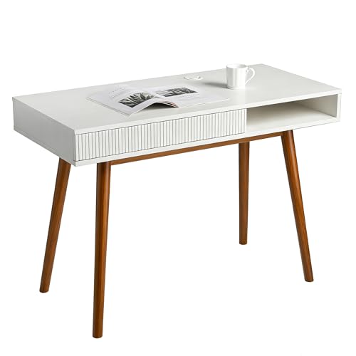 Artswish White Wood Desk with Drawer, 42" Mid Century Modern Writing Desk | Soild Wood Legs, Reinforced Structure, Hidden Drawer & Open Cubby Storage, Built-in Cable Management for a Clean Workspace - color: White+walnut