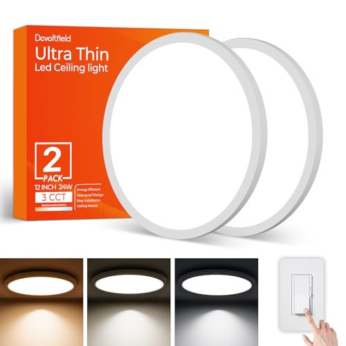 2 Pack 12 Inch LED Flush Mount Ceiling Light Fixture, 24 W 2640LM, Hardwired Dimmable CCT 3000K/4000K/5000K, Round Flat Panel Light for Bedroom, 0.7Inch Thin Mod - color: White, size: 12inch-2Pack