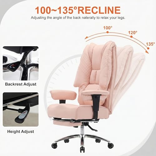 EXCEBET Big and Tall Office Chair 400lbs Wide Seat, Leather High Back Executive Office Chair with Foot Rest, Ergonomic Chairs Lumbar Support for Lower Back Pain Relief (Light Pink) - color: Bright Pink