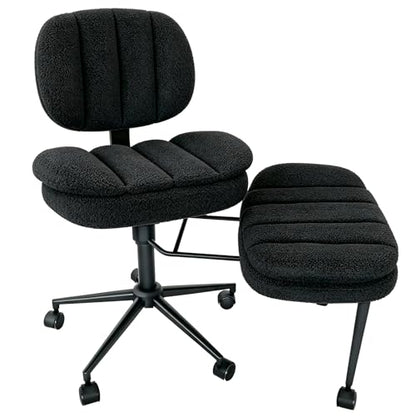 Ergonomic Cross Legged Office Chair with Footrest, 360° Swivel Height Adjustable Faux Shearling Criss Cross Chair, Wide Seat & Back Support for Home Office, ADHD, Black - color: Wool Black