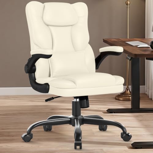 Executive Office Chair Flip Up Arms Lumbar Support Home Office Desk Chair - color: Cream