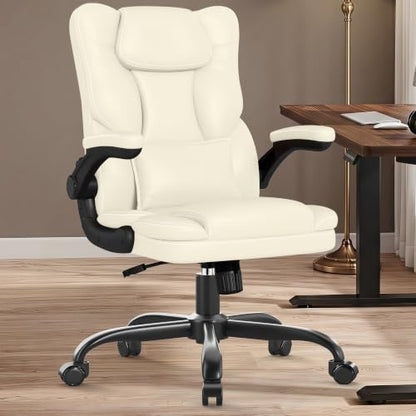 Executive Office Chair Flip Up Arms Lumbar Support Home Office Desk Chair - color: Cream