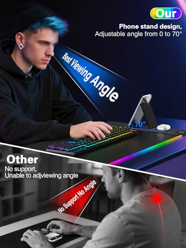 Mouse Pad with Foldable Phone Holder & Wireless Charger, XXL RGB Gaming Mousepad 31.5"x15.8" Large Desk Mat for Keyboard, Black Desk Pad with Dual Qi Charging Station | 11 Colors 5 Modes | Waterproof - color: 31.5x15.75"Phone Stand-Black w/PD Charger Upgr