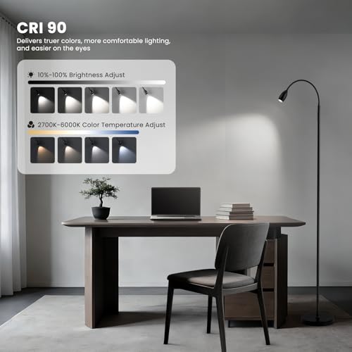 Reading Floor Lamp, Dimmable LED Floor Lamp with Remote, Standing Lamp with Flexible Gooseneck, Zoomable Spotlight, Reading Light, Task Crafting Tall Lamps for Living Room Office Bedroom