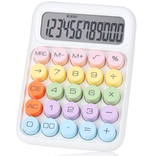Mechanical Pushbutton Calculator,12 Digit Large LCD Display,Big Buttons Easy to Press,Colorful Candy Calculator,Automatic Sleep,with Battery.for Office,School, Home. (White) - color: white