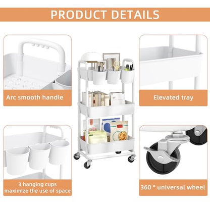 3-Tier Plastic Rolling Storage Cart Utility Cart with Extra Hanging Cups Handles Lockable Wheels for Living Room Bathroom Kitchen Office White | Utility Cart with Extra Hanging Cups Arc-Shaped Handles Lockable Wheels for Living Room Bathroom Kitchen Offic