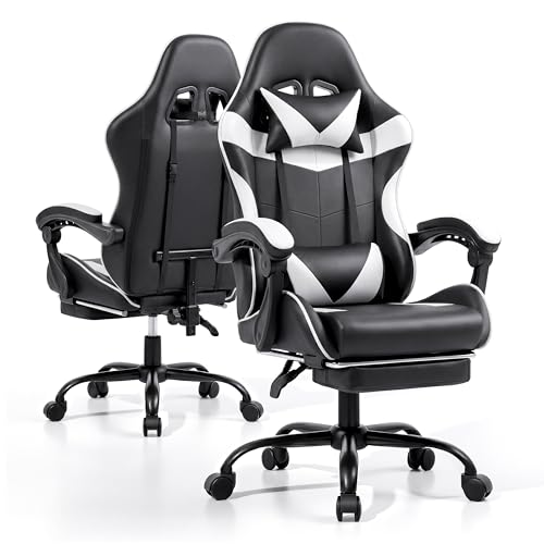 Gaming Chair with Footrest and Lumbar Support, Height Adjustable Chair with 360°Office Desk Chair,Heavy Duty 330lbs Computer Chair for Adults - color: White & Black