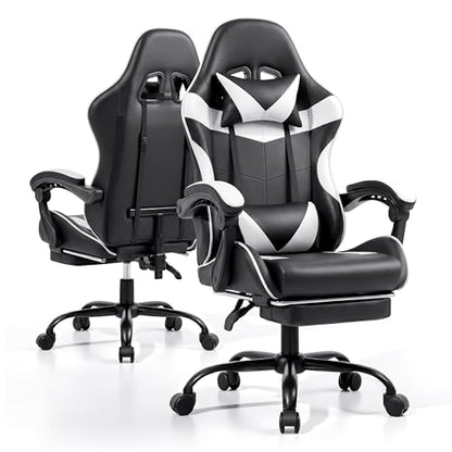 Gaming Chair with Footrest and Lumbar Support, Height Adjustable Chair with 360°Office Desk Chair,Heavy Duty 330lbs Computer Chair for Adults - color: White & Black