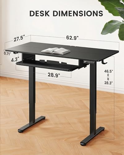 ErGear Large Electric Standing Desk with Keyboard Tray, 63x28 Inches Adjustable Height Sit Stand Up Desk, Home Office Desk Computer Workstation, Black - color: Black, size: 63" X 28"