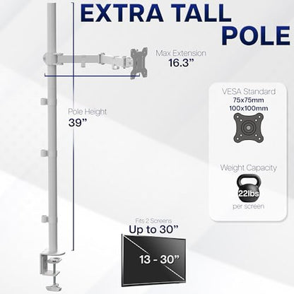 VIVO Extra Tall Single Monitor Desk Mount Stand with 39 inch Pole, Features Full Adjustability - Tilt and Articulation, Holds 13 to 32 inch Screens up to 10kg with VESA Mounting, White, STAND-V011W - color: White, size: 39" tall