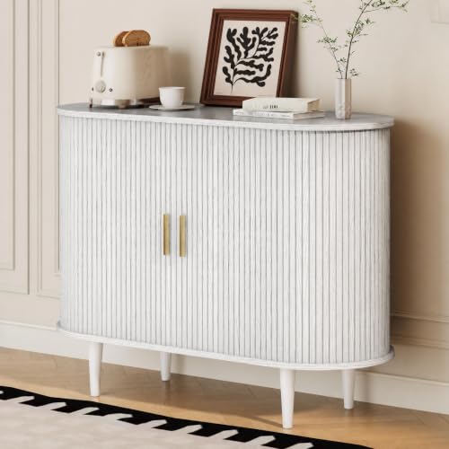 DHH Sideboard Buffet Cabinet with Storage,Mid Century Modern Fluted Accent Coffee Bar Console Table,Tambour Sliding Doors& Adjustable Shelf for Kitchen, Living Room, Entryway (White, 40 Inch) - color: Grayish White, size: 40 Inch