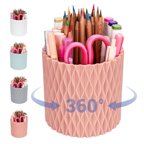 Pencil Holder - 360° Rotation, 5 Slot Desk Supplies For Women Office Aesthetic. Pencil Holder For Office&School, Desk Accessories(Pink) - color: pink