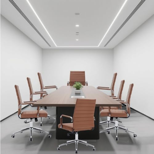 Brown Leather Ribbed Office Mid-Back Desk Conference Chair with Wheels | Ergonomic Mid-Back Executive Chairs with Wheels Adjustable Swivel Computer Task Desk Chair with Arms and Thick Padded Seat - color: Brown, size: Mid Back