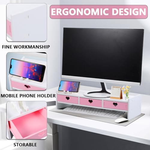 Pink Monitor Riser, Space-Saving Elevated Stand with Smooth Edges for Keyboard Storage, Ergonomic Desktop Organizer for Home & Office, 19.29x7.48x3.93In