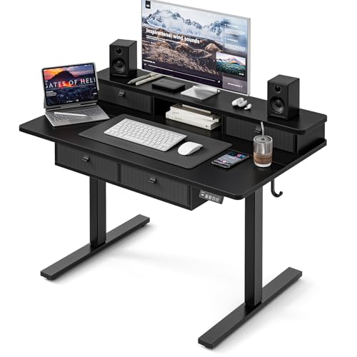 Grandder Electric Standing Desk with Four Drawers, Sit to Stand Up Height Adjustable Desk with Storage Shelf for Home Office, 47 * 28 Inch, Study, Ergonomic Adjustable Computer Desk, Black - color: Black With 4 Drawers, size: 47 Inch