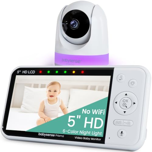 Babysense Prisma HD 5” No WiFi Video Baby Monitor with Camera and Audio, 6-Color Night Light, Split Screen Display, Baby Sound Machine with White Noise & Lullabies, Secure Hack Proof - size: 5 Inch 1 CAM