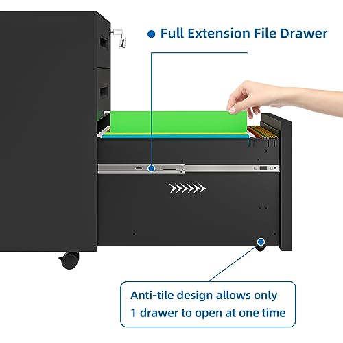 Dripex 3 Drawer Metal Rolling File Cabinet Under Desk Filing Cabinet Black | 15"W x 18"D x 24"H, Lockable, 5 Wheels, Fully Assembled, Letter/Legal Size, Suitable for Home Office - color: Black