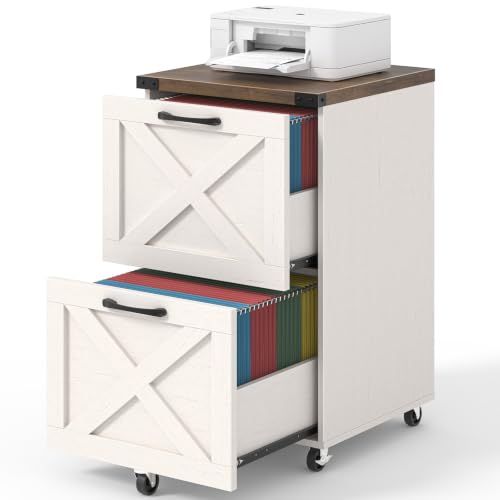 Halitaa Farmhouse 2 Drawer Small File Cabinet with Wheels, White and Brown | Vertical Filing Cabinet Fits A4 or Letter Size, Wooden Printer Stand, Under Desk Rolling File Cabinet for Home Office - color: White and Brown