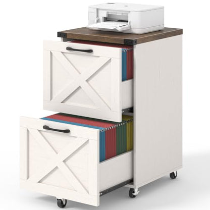Halitaa Farmhouse 2 Drawer Small File Cabinet with Wheels, White and Brown - color: White and Brown, size: 2 Drawer