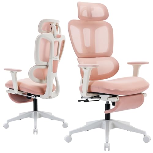Ergonomic Office Chair with Retractable Footrest, Pink | High Back Design, Dynamic Lumbar Support, 2D Headrest & 2D Armrests, Breathable Mesh Back for Home Office - color: Pink