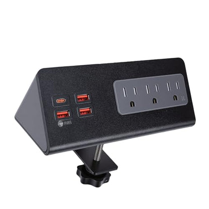 Luocute Desk Clamp Power Strip, 15A 1875W 3 AC Outlets 3 USB A 1 USB C Port, Triangular Design with Detachable Edges Clamp and Bracket, for Home Office Hotel Dormitory (US Plug)