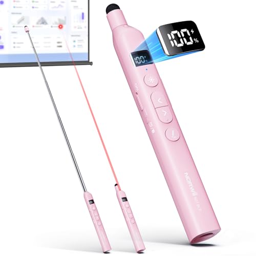 N21 Bluetooth Presentation Clicker for PowerPoint with Retractable Pointer | ①Laser Pointer②Telescopic touch pen③Countdown timer, vibration alert ④Customizable Button ⑤Rechargeable;battery level display - color: Pink - Red Pointer