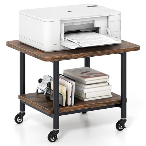 GIANTEX Under Desk Printer Stand, 2-Tier Mobile Printer Table with Storage Shelf, Lockable Wheels & Metal Frame, Rolling Printer Cart Holder, Storage Rack for Home Office Scanner Fax Machine (Brown) - color: Rustic Brown, size: 19.5"x16"x15"