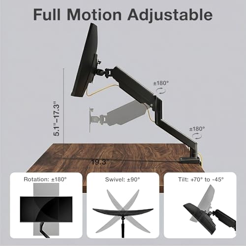 Single Monitor Arm Desk Mount – Adjustable Gas Spring Monitor Stand for 13”–34” Screens, Full Motion Swivel, Tilt & Rotation, Heavy Duty VESA Mount for Office, Gaming & Professional Setup - style: Single Monitor Arm