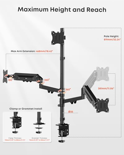 Triple Monitor Mount for up to 32 Inch Screens, Heavy Duty Gas Spring | Full Motion Arm, Tilt Swivel Rotation, Holds 19.8 lbs per Arm, VESA 75x75/100x100mm, Black - size: Up to 32 Inch