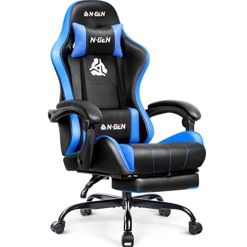 N-GEN GAMING Gaming Chair with Footrest, Lumbar Support, High-Back, Blue | Reclining Backrest, Linkage Armrests, Durable PU Leather, Adjustable Comfort for Extended Computer, Desk, or Home Office Use - color: Blue
