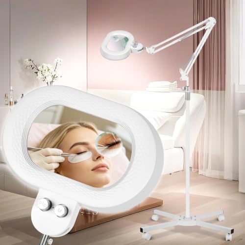 2,200 Lumens, 30X/12X Large Magnifying Glass with Light, Floor Lamp with 3-Axis Rotary Head, Mag Lamp for Estheticians Tattoo Eyelash, Infinite Colors, Desk Magnifier for Craft Reading-White - color: White, size: 12X &30X