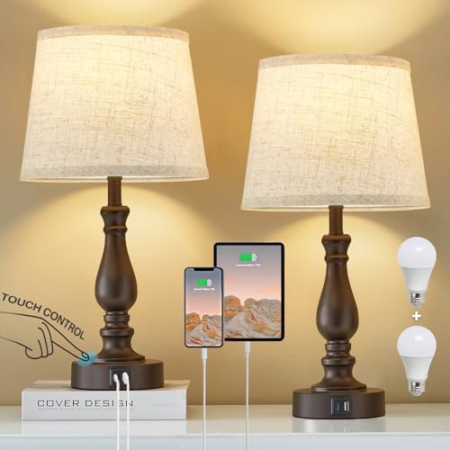 EJIAXIN Table Lamps for Bedrooms Set of 2 - Touch Bedside Lamps with USB C+A Ports - Dimmable Nightstand Lamps for End Tables Farmhouse Night Stand Lamps for Living Room Bed Side Guest Room - color: Beige Shade and Brown Base