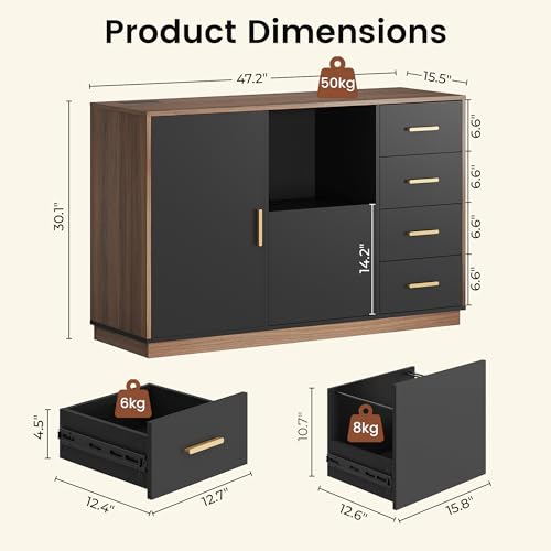 47.2" File Cabinet with 5 Drawer & Door, Charging Station | Office Storage Cabinet with Adjustable Shelves, Fits A4/Letter Size, Printer Stand with Storage for Home Office, Black Walnut