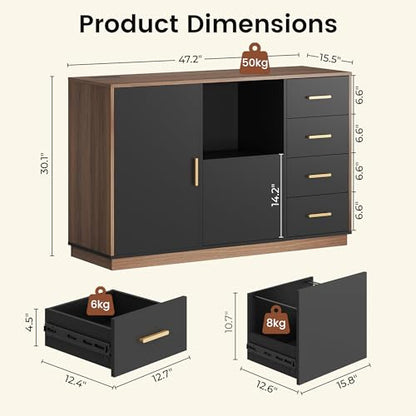 47.2" File Cabinet with 5 Drawer & Door, Charging Station | Office Storage Cabinet with Adjustable Shelves, Fits A4/Letter Size, Printer Stand with Storage for Home Office, Black Walnut