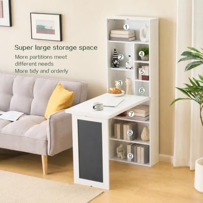 Wall Mount Foldable Writing Desk for Bedroom & Home Office (White) | Wall Desk, Wall Mount Foldable Desk with Bookshelf & Chalkboard, Space Saving Fold Down Floating Workstation - color: White