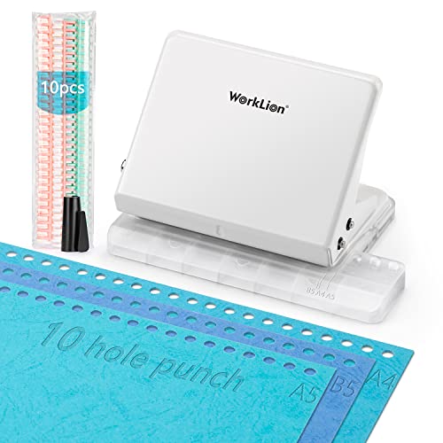 Binding Machine for Planner： WORKLION Metal 10 Hole Punch & Multi Color 30 Hole Loose Leaf Binder Rings(10 pcs) for Making 26 Holes on B5 Paper, 30 Holes on A4, 20 Holes on A5 Book. - size: 5 inches white
